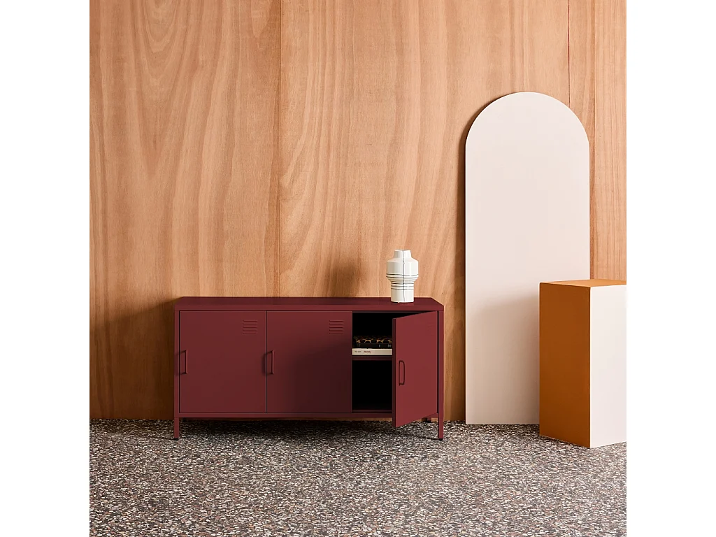Mueble de tv estilo industrial de metal con 3 puertas, 120cm burdeos