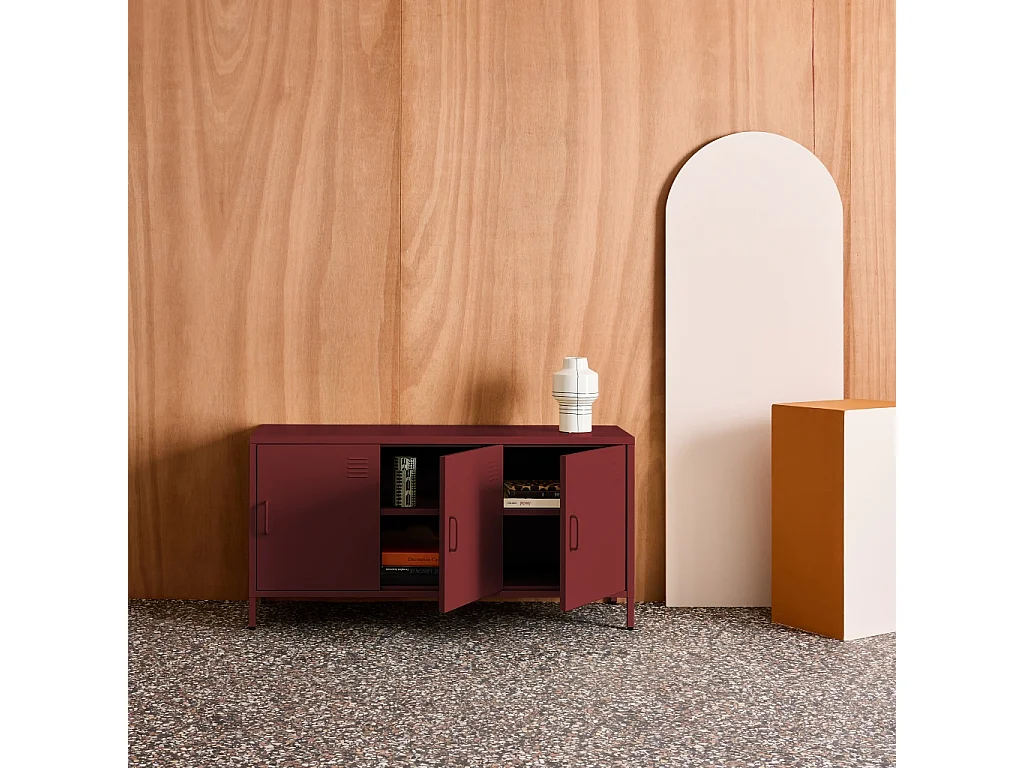 Mueble de tv estilo industrial de metal con 3 puertas, 120cm burdeos