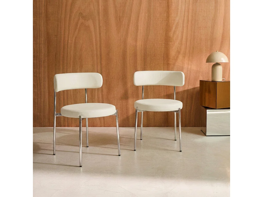 Set di 2 sedie rotonda vintage in acciaio cromato e similpelle , Lola, Bianco sporco, 55x51x76 cm