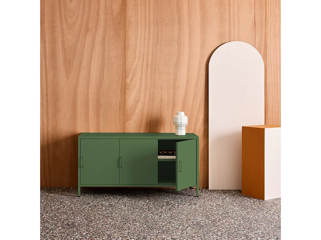 Mueble de tv estilo industrial de metal con 3 puertas, 120cm verde