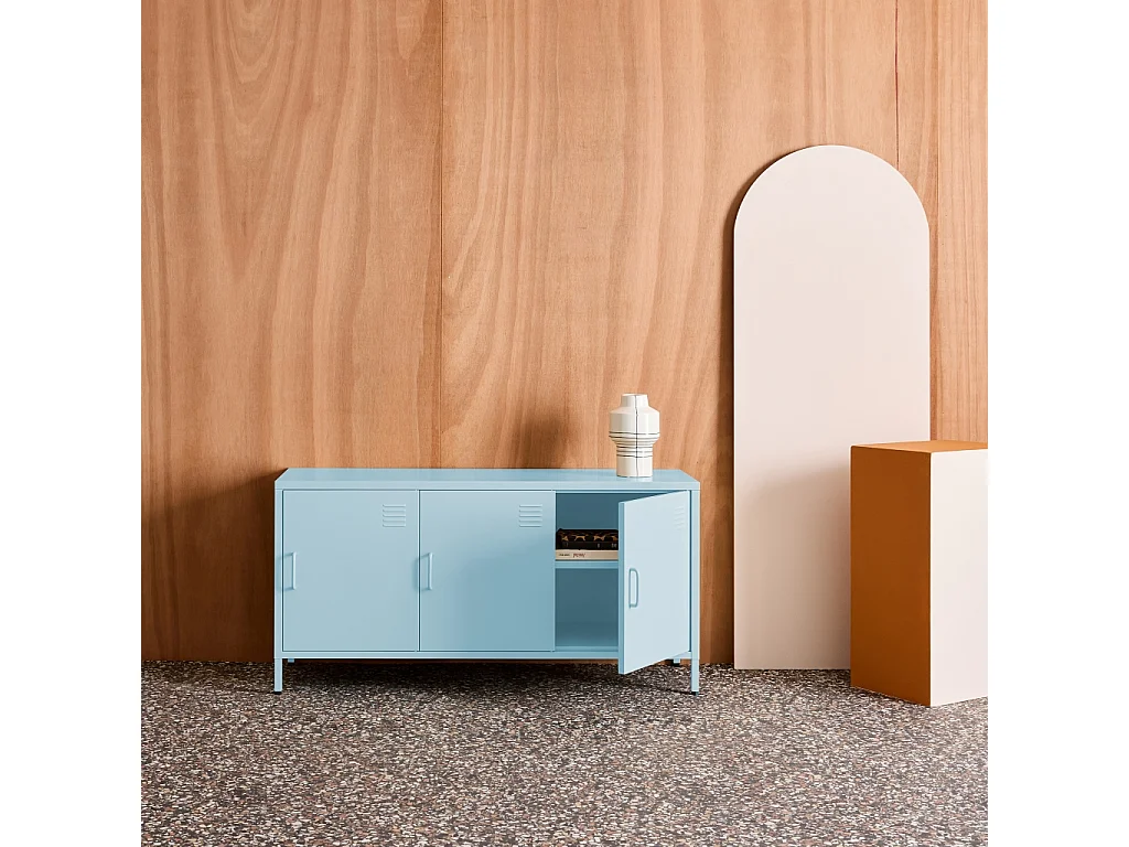 Mueble de tv estilo industrial de metal con 3 puertas, 120cm azul