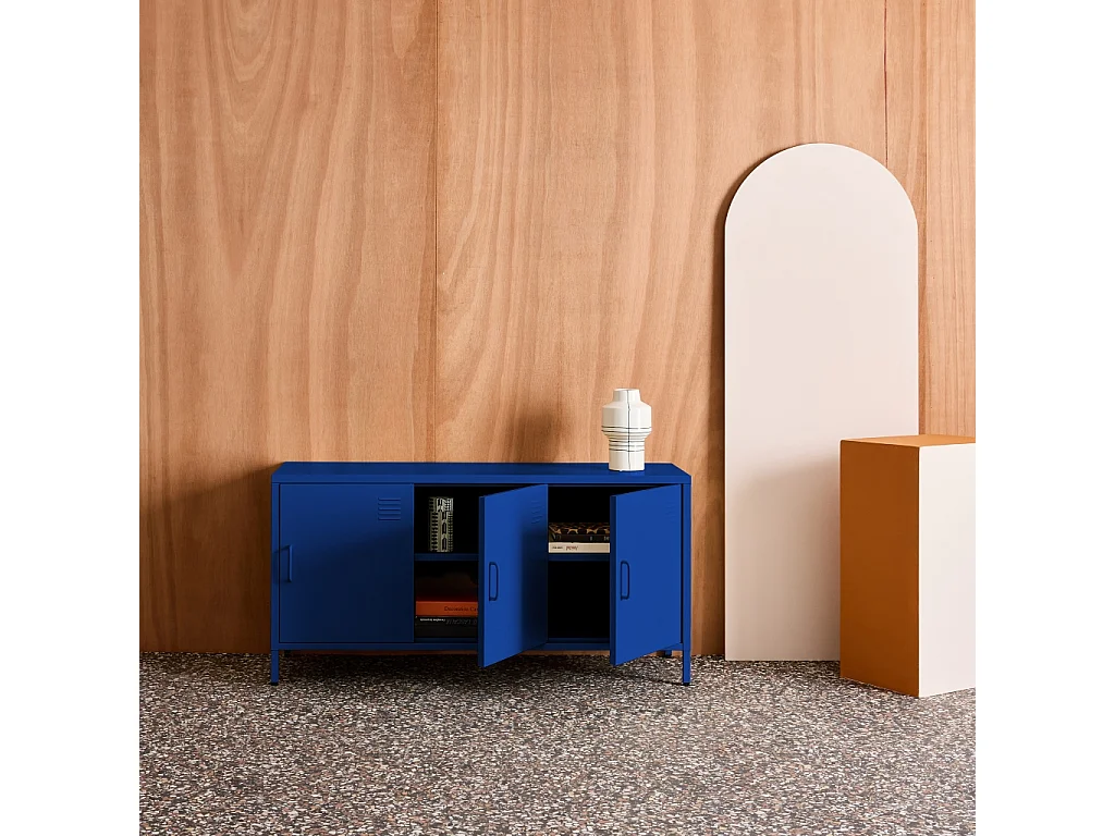Mueble de tv estilo industrial de metal con 3 puertas, 120cm azul