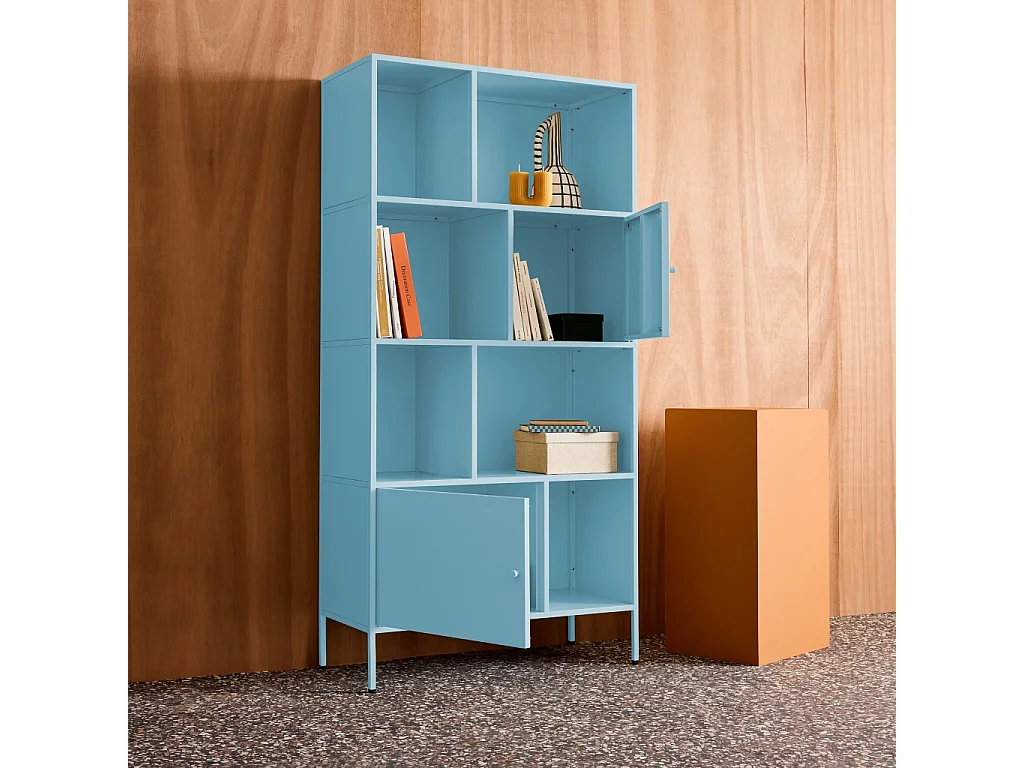 Buffet. meuble de rangement industriel métal bleu clair 8 compartiments. L 80 x P 35 x H 160.5cm - Oklahoma