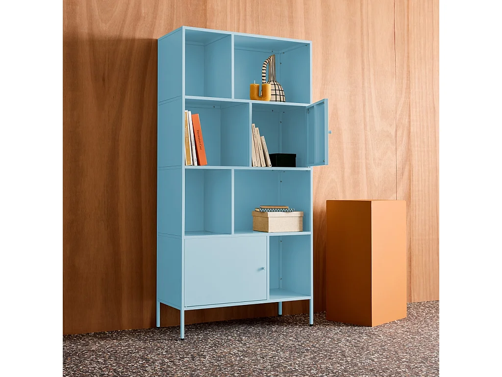 Buffet. meuble de rangement industriel métal bleu clair 8 compartiments. L 80 x P 35 x H 160.5cm - Oklahoma