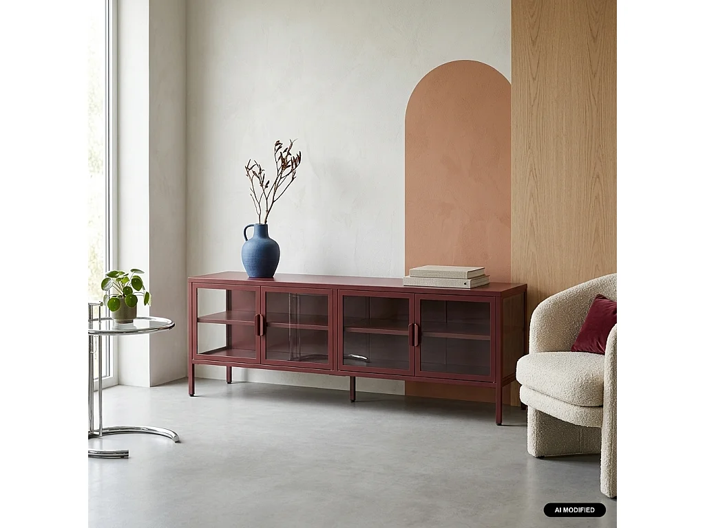 Mueble de tv industrial metal y vidrio templado con 4 puertas, 160cm