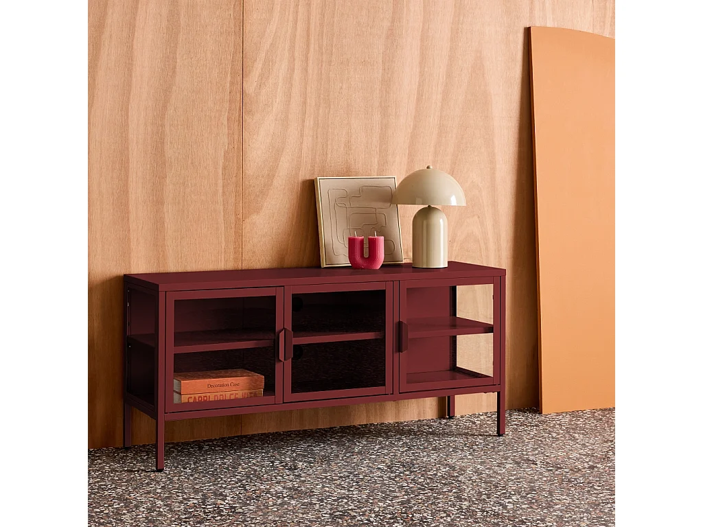 Mueble de tv estilo industrial de metal y vidrio templado con 3