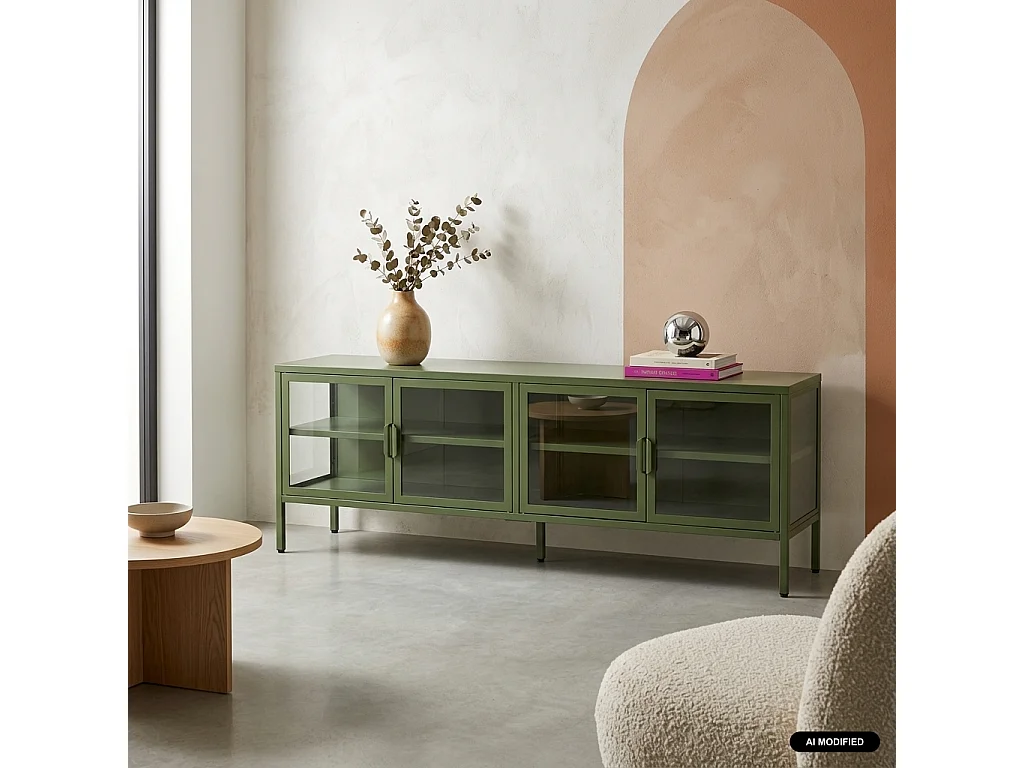 Mueble de tv industrial metal y vidrio templado con 4 puertas, 160cm