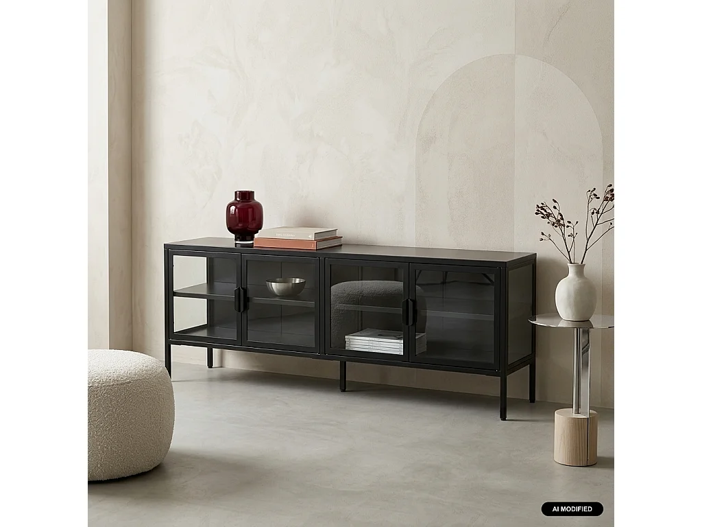 Mueble de tv industrial metal y vidrio templado con 4 puertas, 160cm