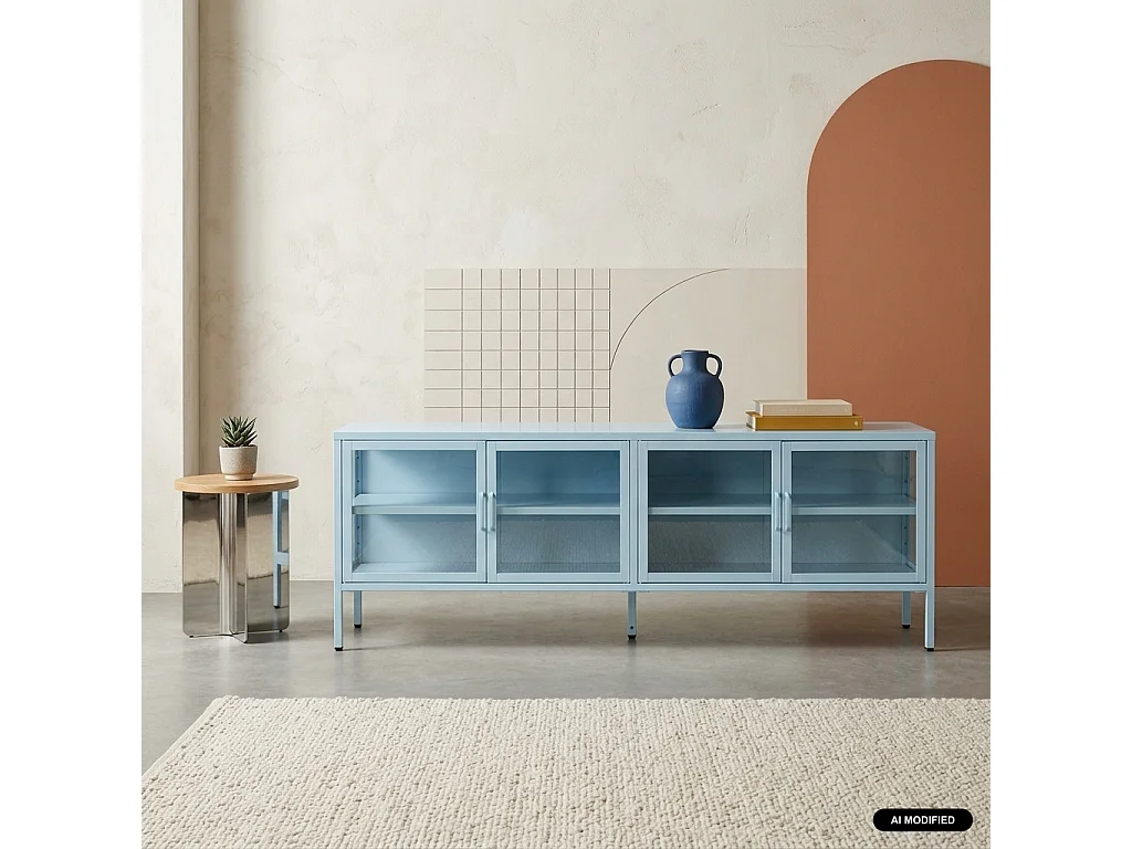 Mueble de tv industrial metal y vidrio templado con 4 puertas, 160cm