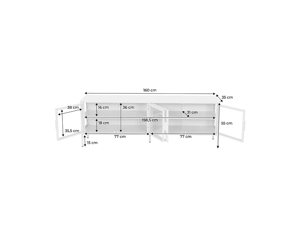 Mueble de tv industrial metal y vidrio templado con 4 puertas, 160cm