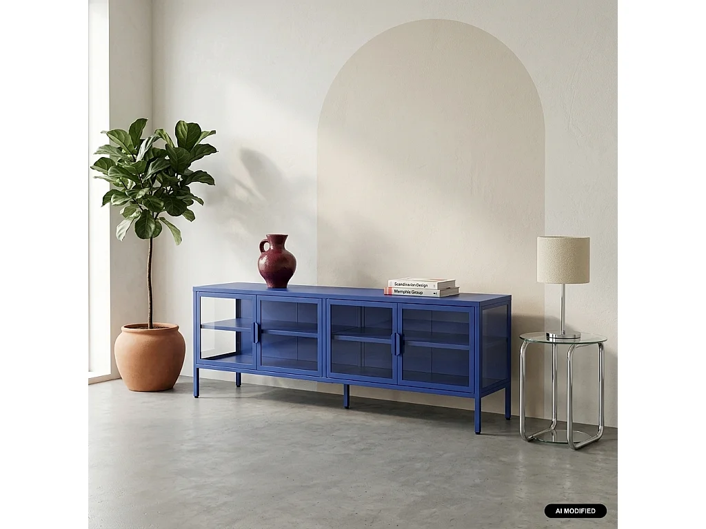 Mueble de tv industrial metal y vidrio templado con 4 puertas, 160cm