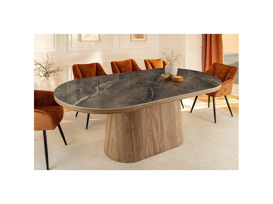 Eettafel LUMEA - Ovaal 200 cm - Grijs marmer effect - Brede voet - Hedendaagse stijl