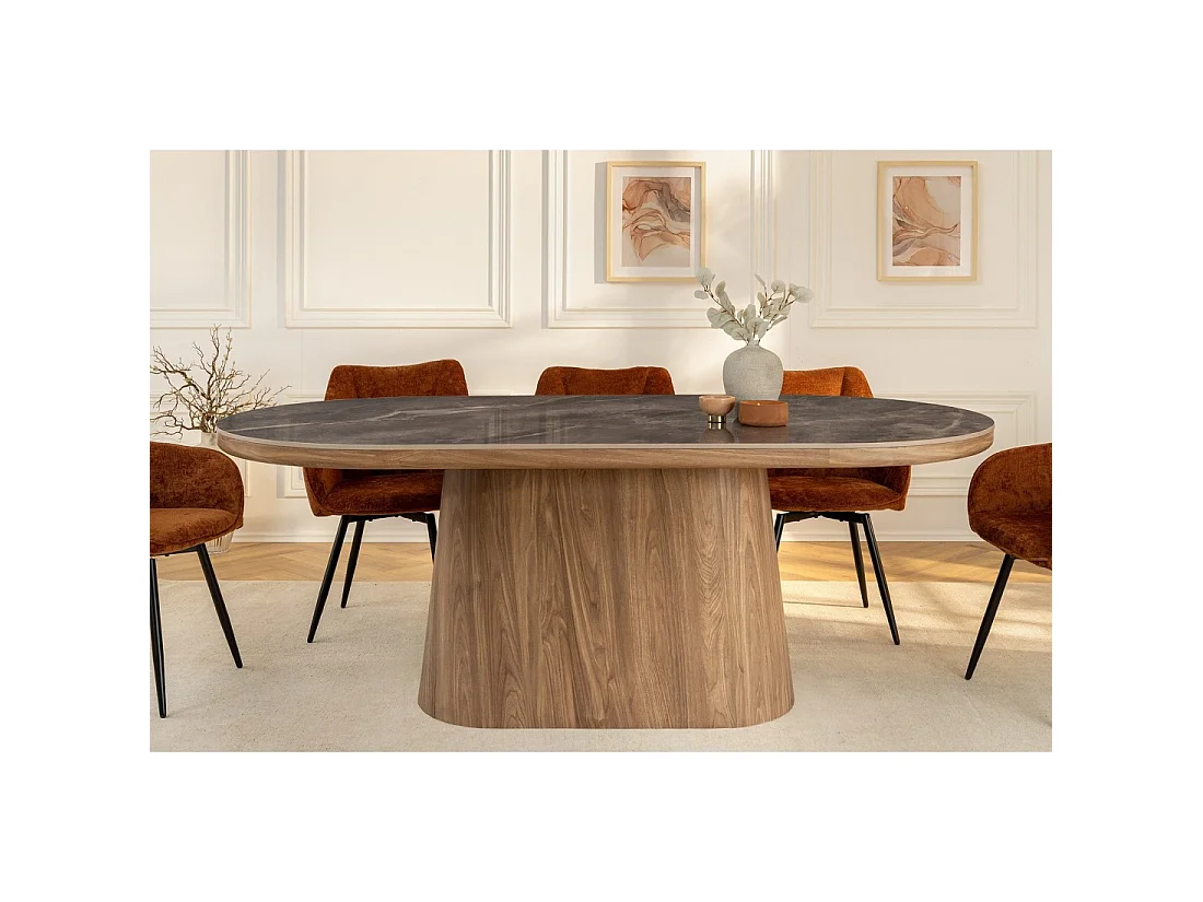 Eettafel LUMEA - Ovaal 200 cm - Grijs marmer effect - Brede voet - Hedendaagse stijl