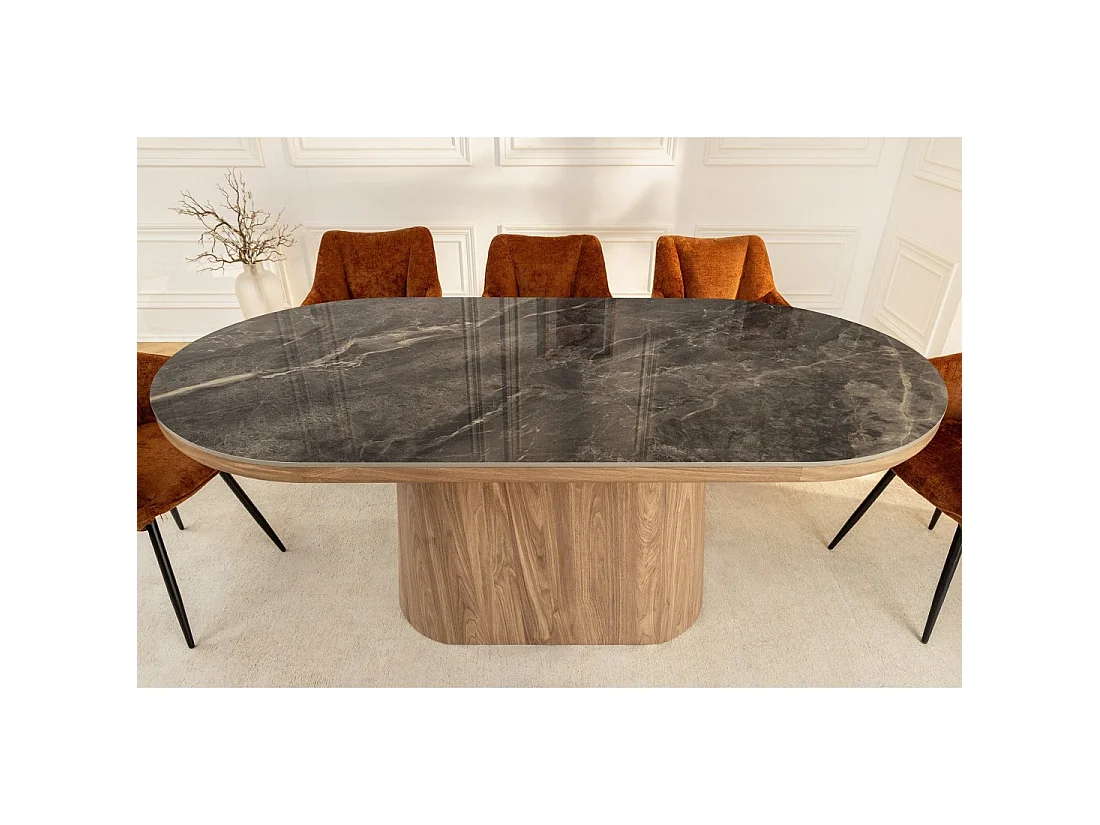 Eettafel LUMEA - Ovaal 200 cm - Grijs marmer effect - Brede voet - Hedendaagse stijl