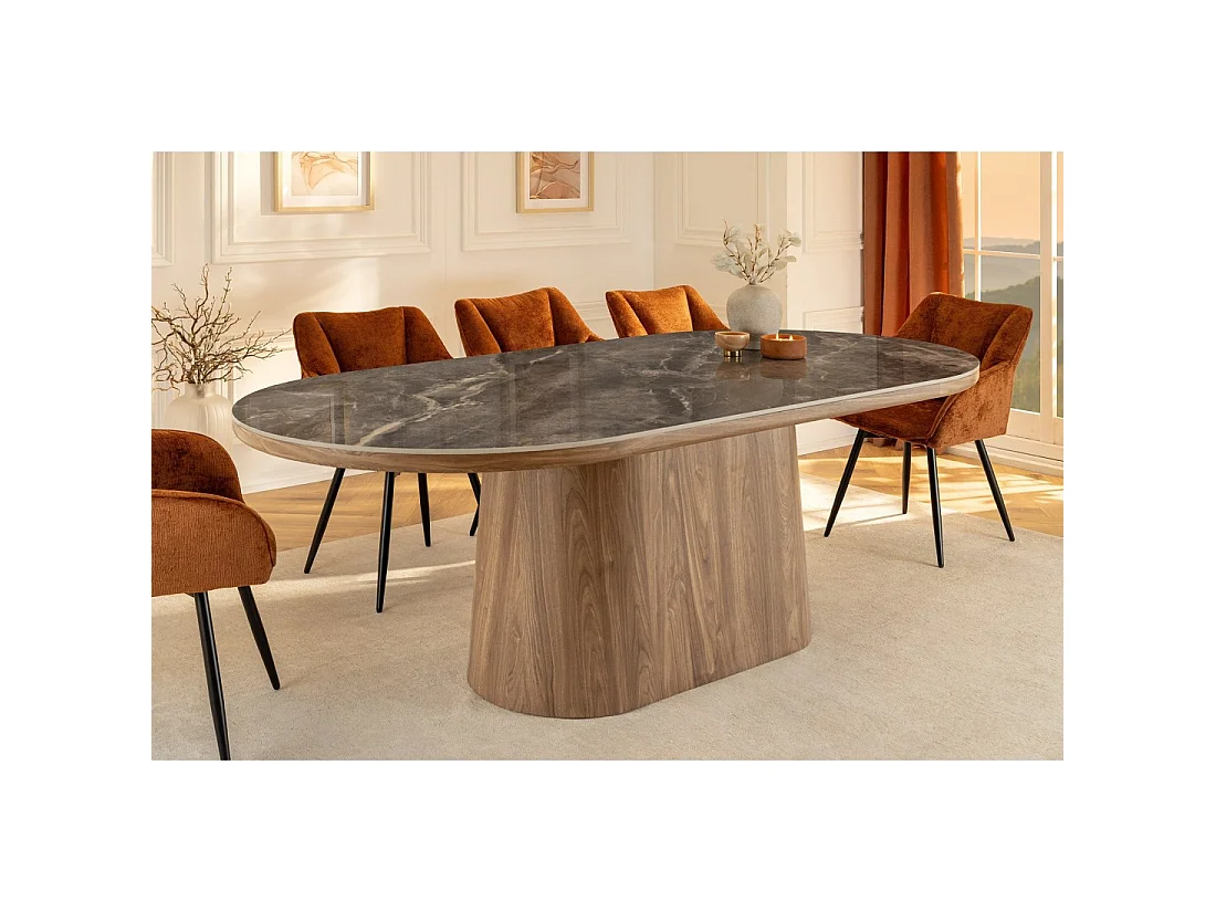 Eettafel LUMEA - Ovaal 200 cm - Grijs marmer effect - Brede voet - Hedendaagse stijl