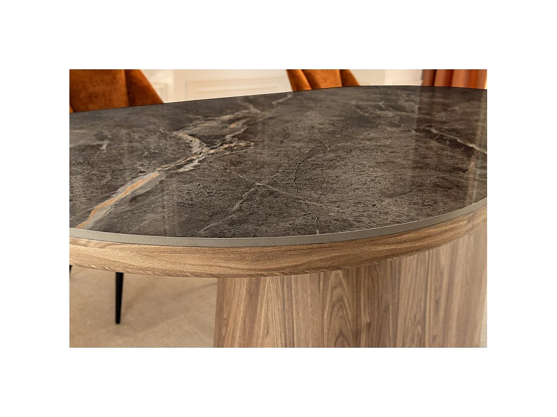 Eettafel LUMEA - Ovaal 200 cm - Grijs marmer effect - Brede voet - Hedendaagse stijl