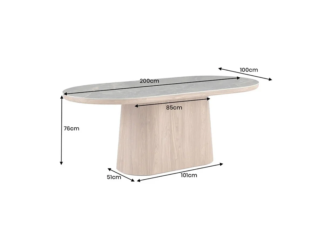 Eettafel LUMEA - Ovaal 200 cm - Grijs marmer effect - Brede voet - Hedendaagse stijl