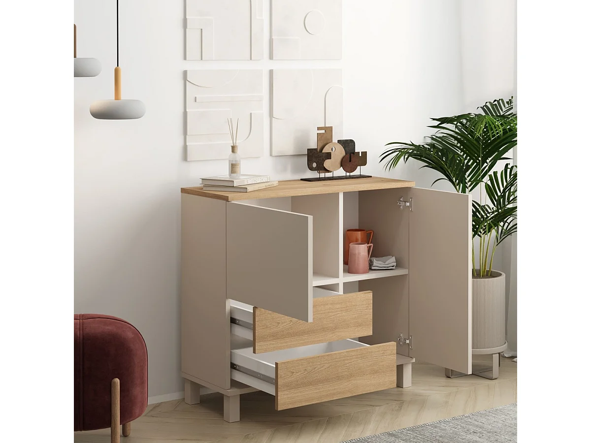 Credenza a 2 ante, 2 cassetti decor cashmere e rovere L87 cm - KORA