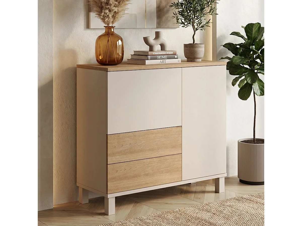 Credenza a 2 ante, 2 cassetti decor cashmere e rovere L87 cm - KORA