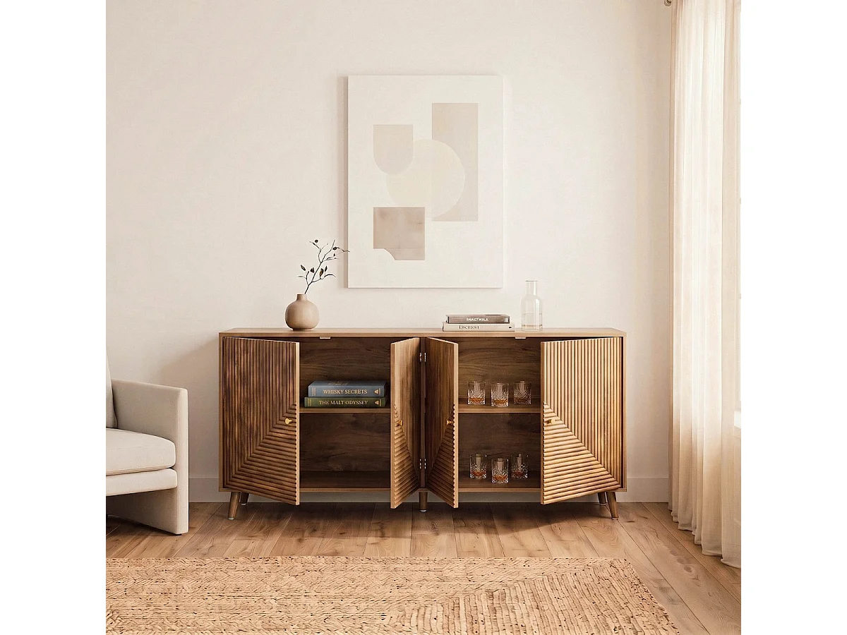 Buffet 4 portes façades lamellées L156 cm - EDEN