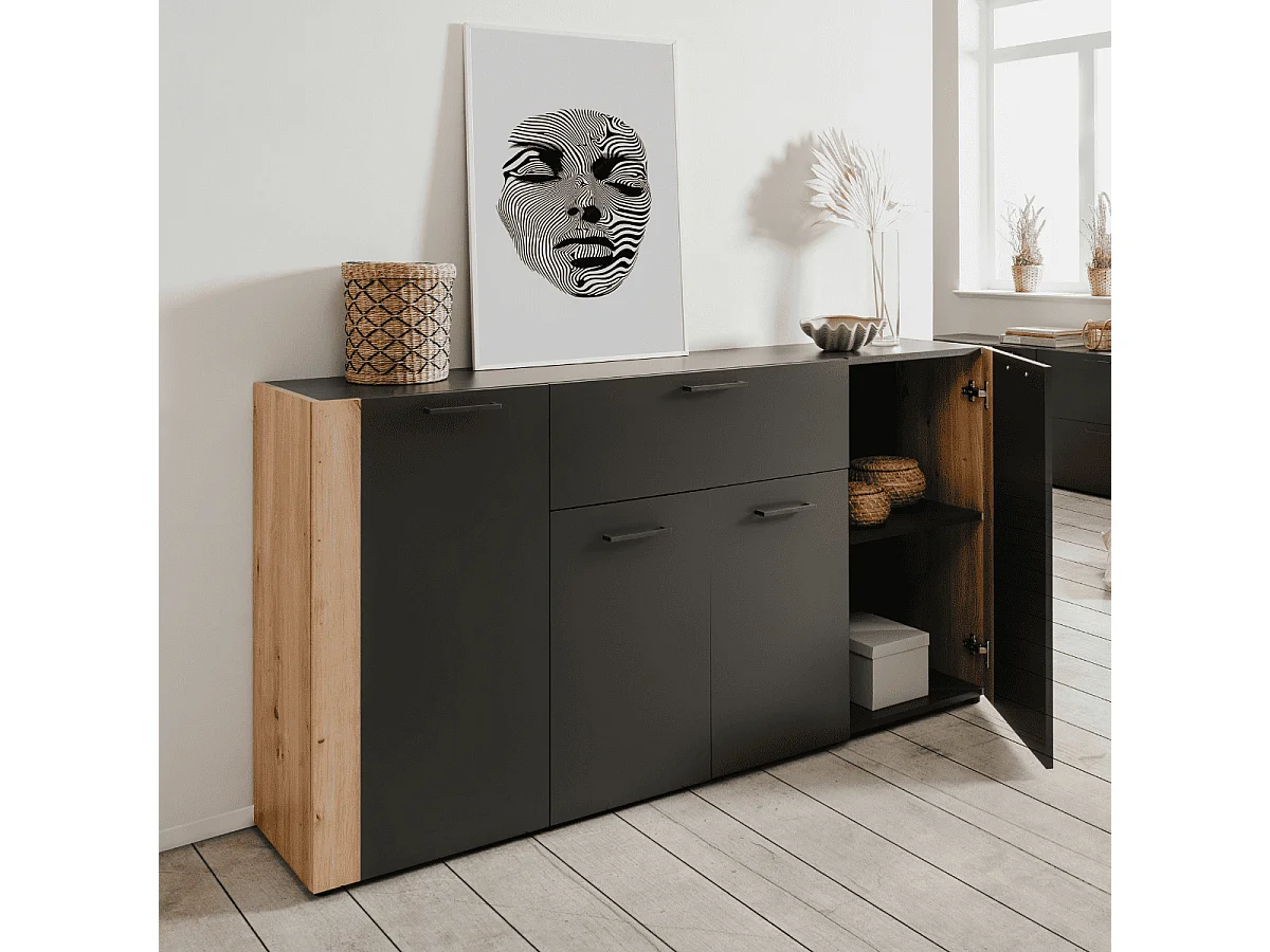 Dressoir met 4 deuren, 1 lade in antracietgrijs en ambachtelijk eiken L162 cm - LUMA