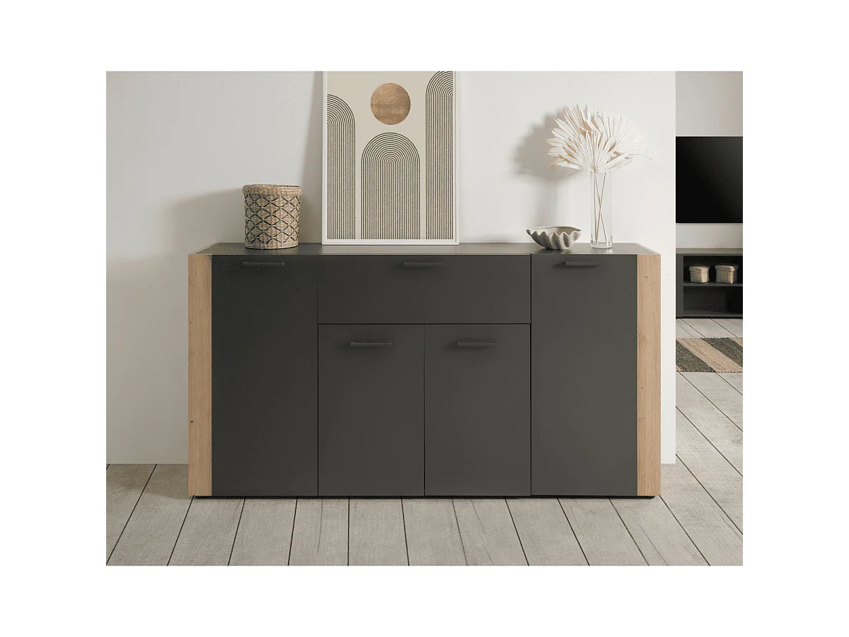 Dressoir met 4 deuren, 1 lade in antracietgrijs en ambachtelijk eiken L162 cm - LUMA