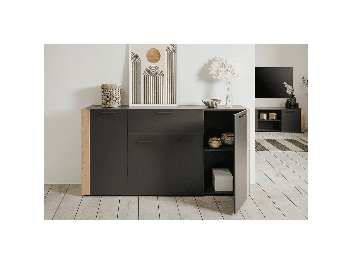 Dressoir met 4 deuren, 1 lade in antracietgrijs en ambachtelijk eiken L162 cm - LUMA