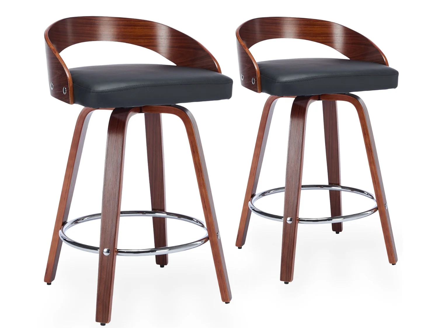 Lot de 2 tabourets de bar pivotants avec assise en similicuir et dossier bas en bois