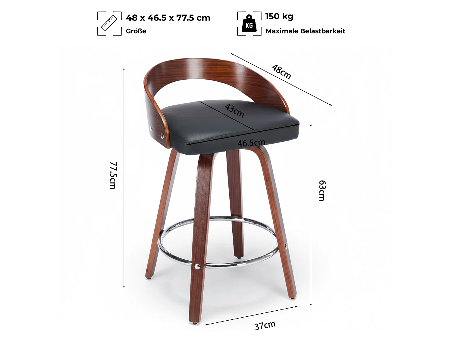 Lot de 2 tabourets de bar pivotants avec assise en similicuir et dossier bas en bois