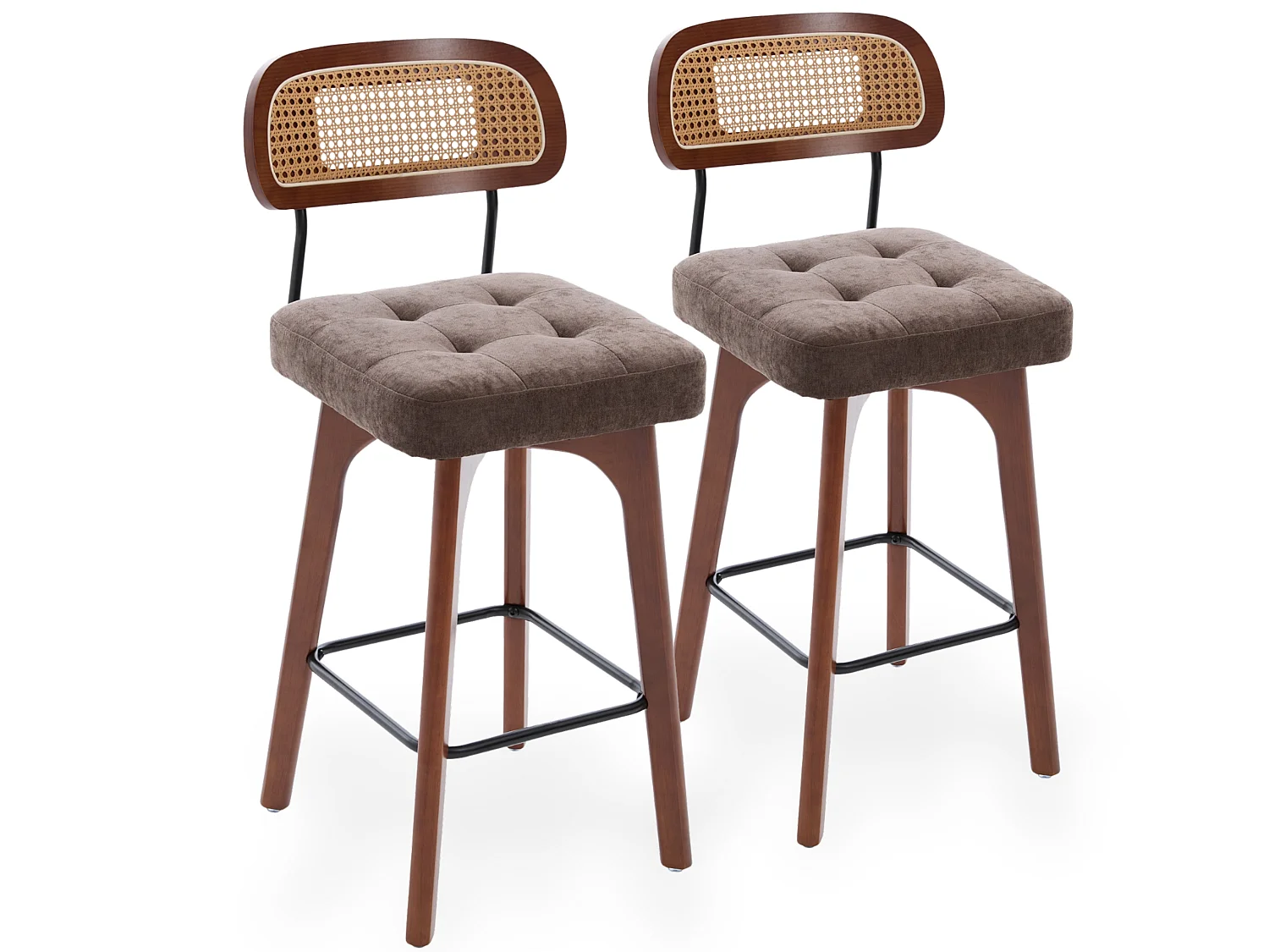 Lot de 2 tabourets de bar pivotants avec dossier cannage assise chenille et pieds bois