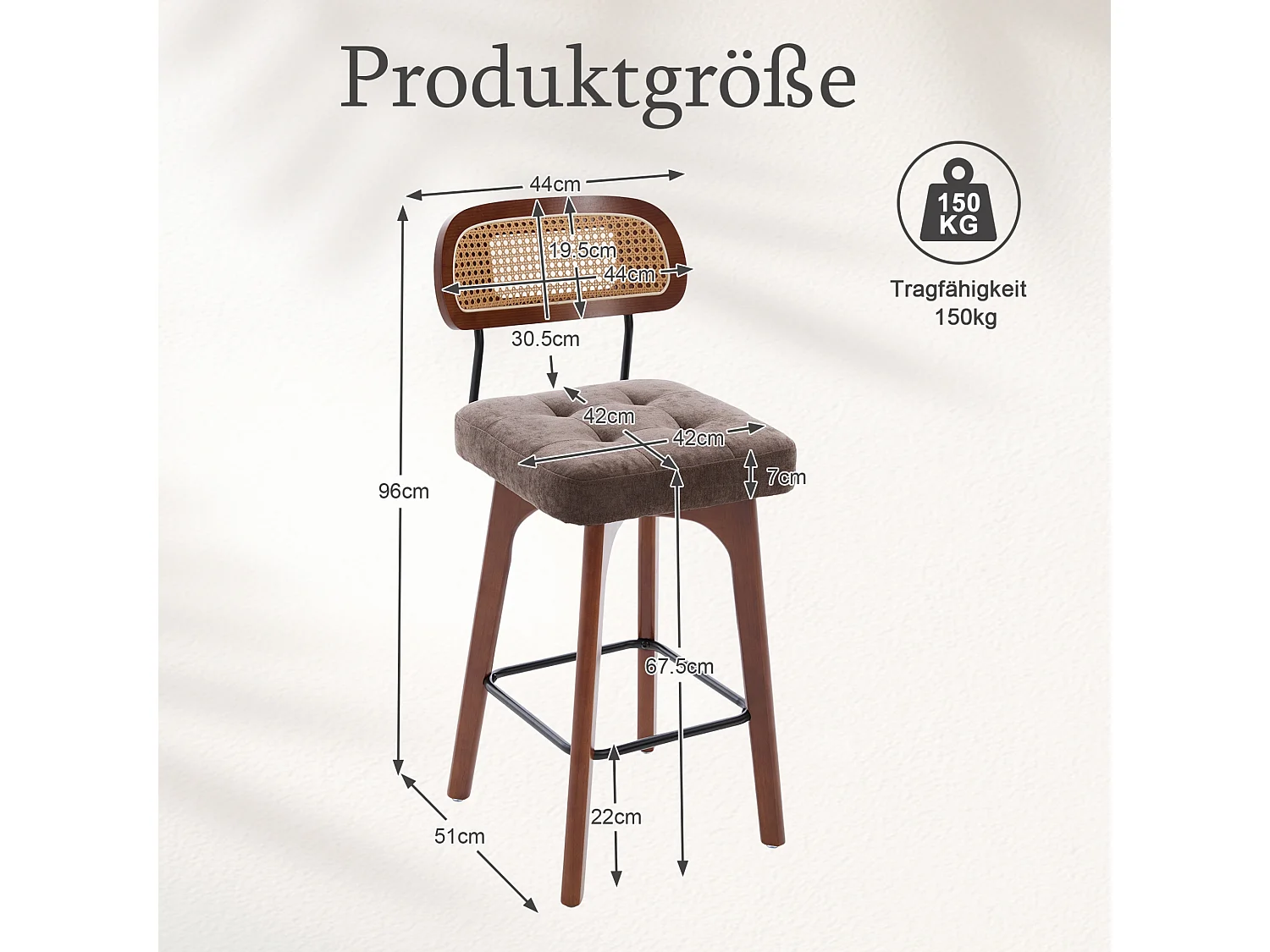 Lot de 2 tabourets de bar pivotants avec dossier cannage assise chenille et pieds bois