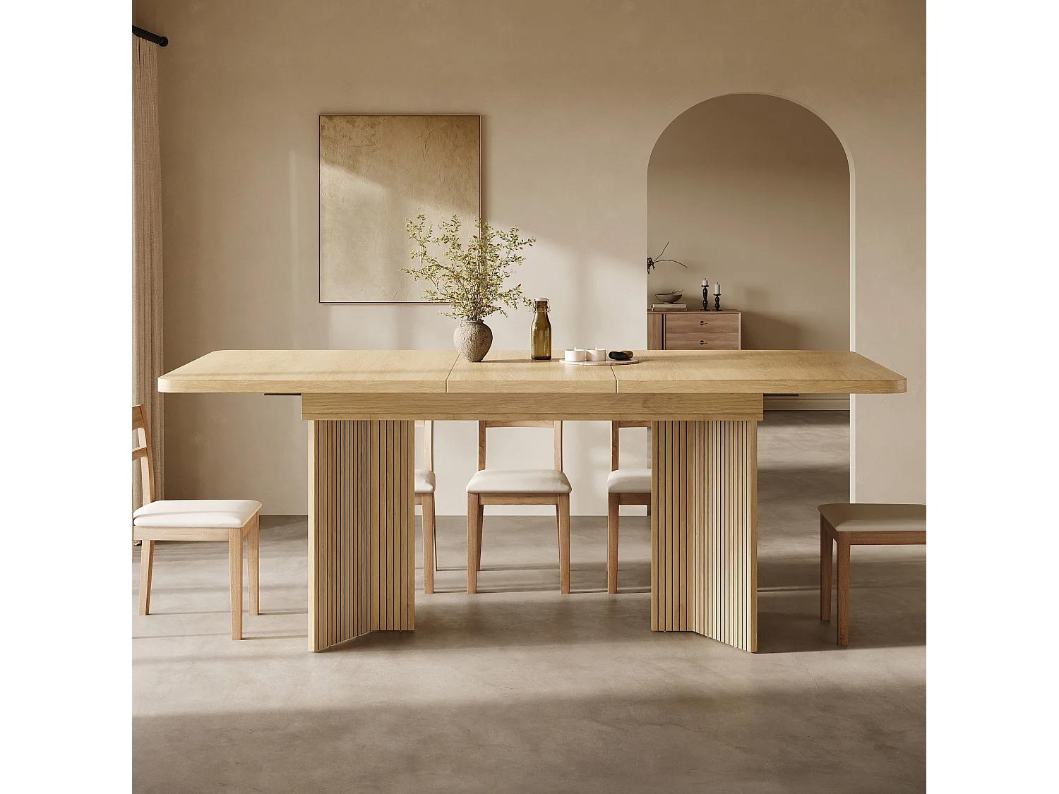Rechthoekige uitschuifbare eettafel met geribbelde V poten voor 4 tot 6 personen 120 tot 160 cm