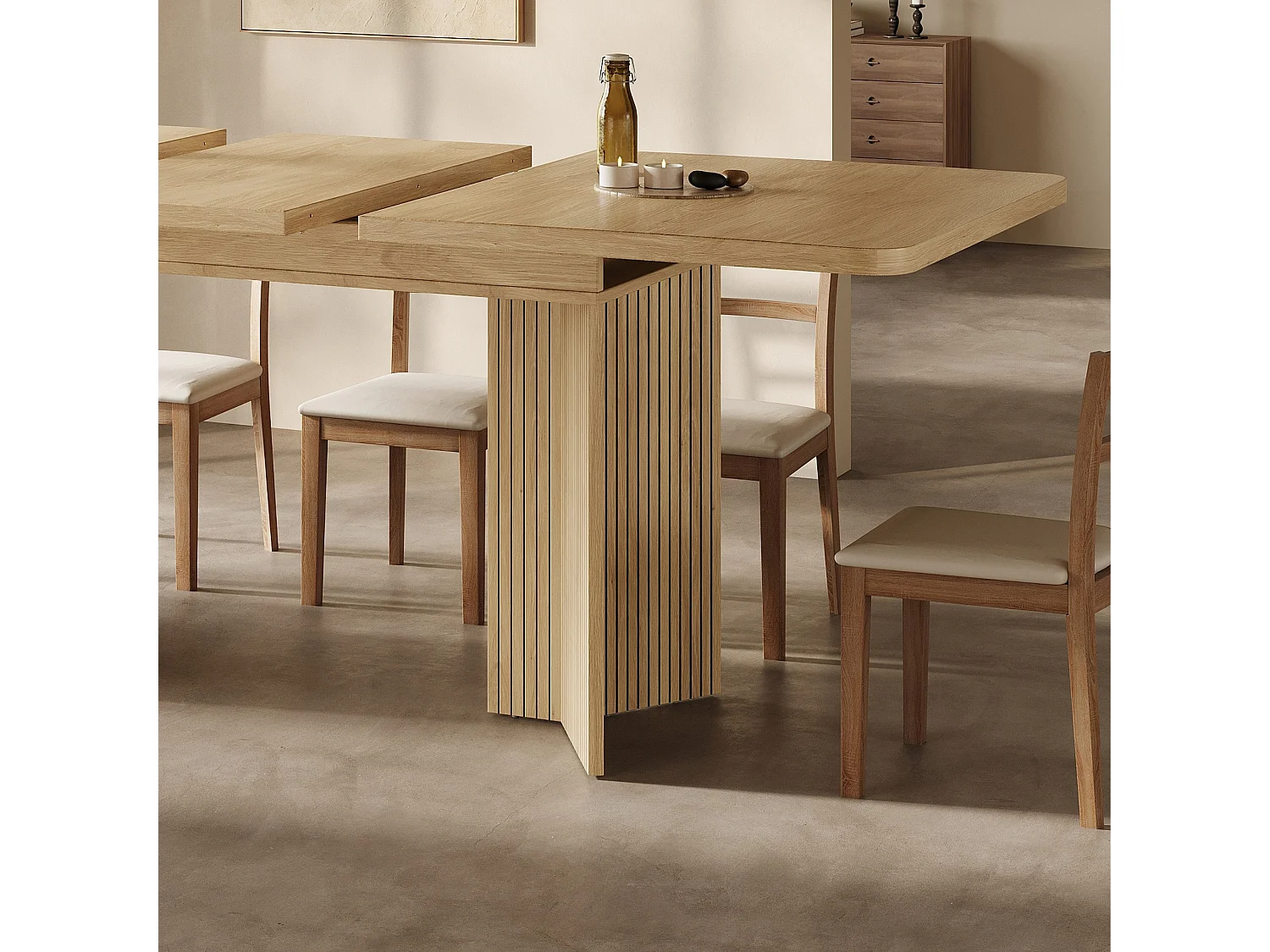 Rechthoekige uitschuifbare eettafel met geribbelde V poten voor 4 tot 6 personen 120 tot 160 cm