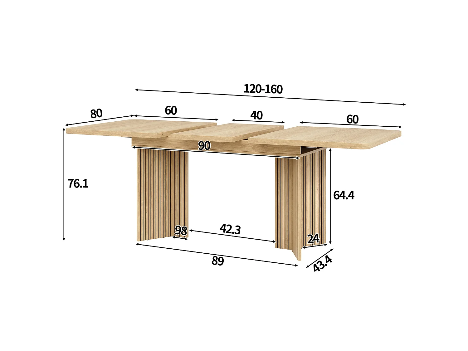 Rechthoekige uitschuifbare eettafel met geribbelde V poten voor 4 tot 6 personen 120 tot 160 cm