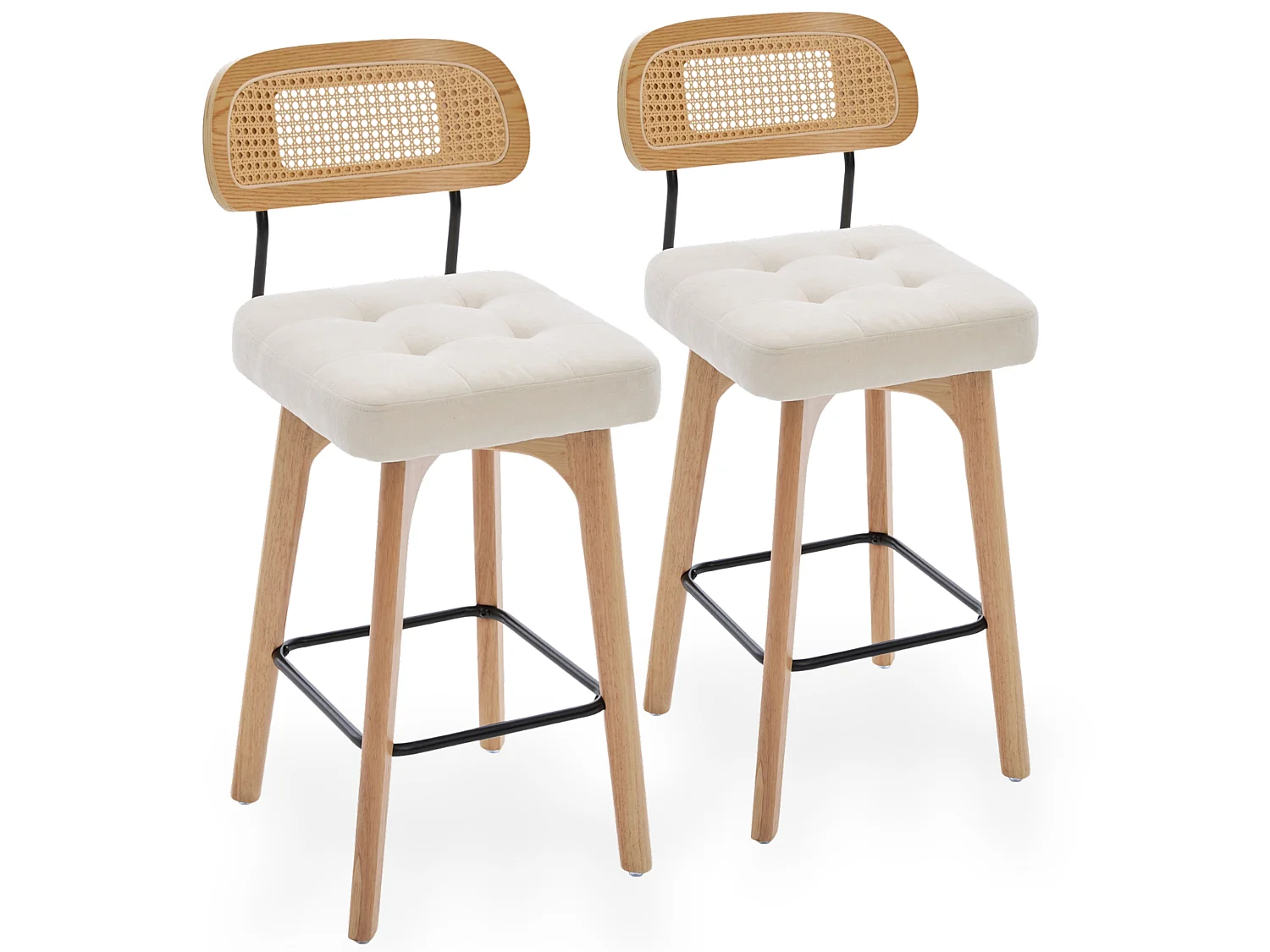 Lot de 2 tabourets de bar pivotants avec dossier cannage assise chenille et pieds bois