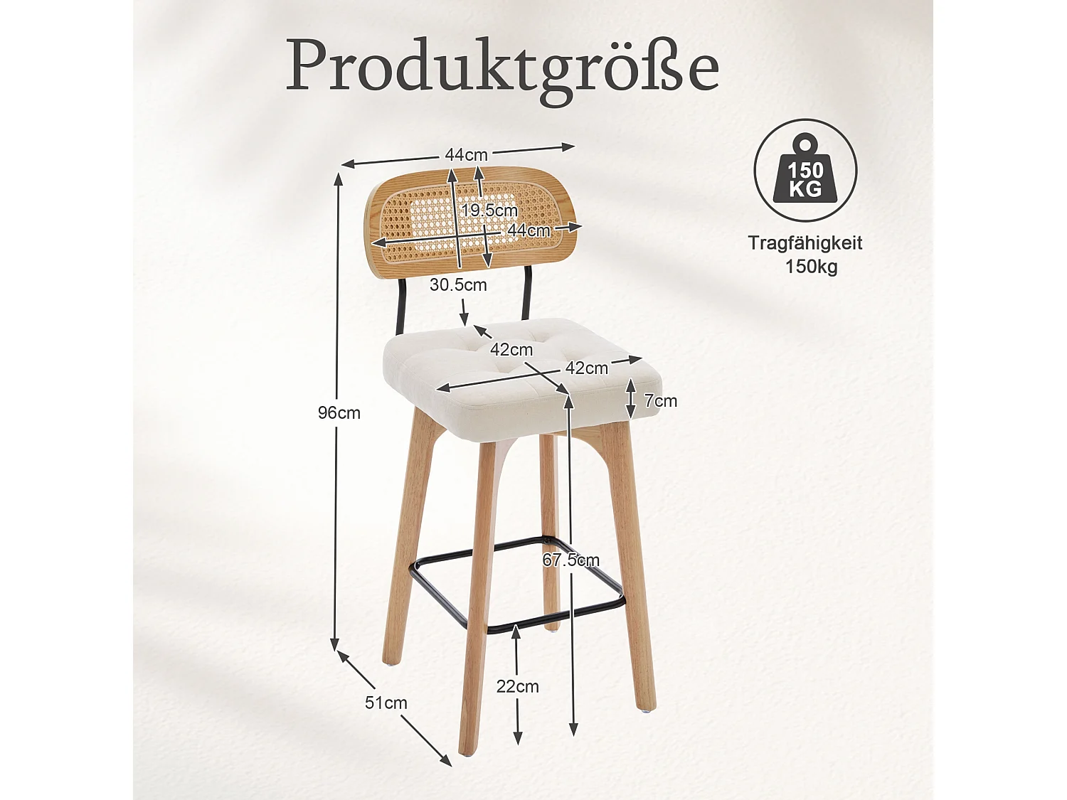 Lot de 2 tabourets de bar pivotants avec dossier cannage assise chenille et pieds bois