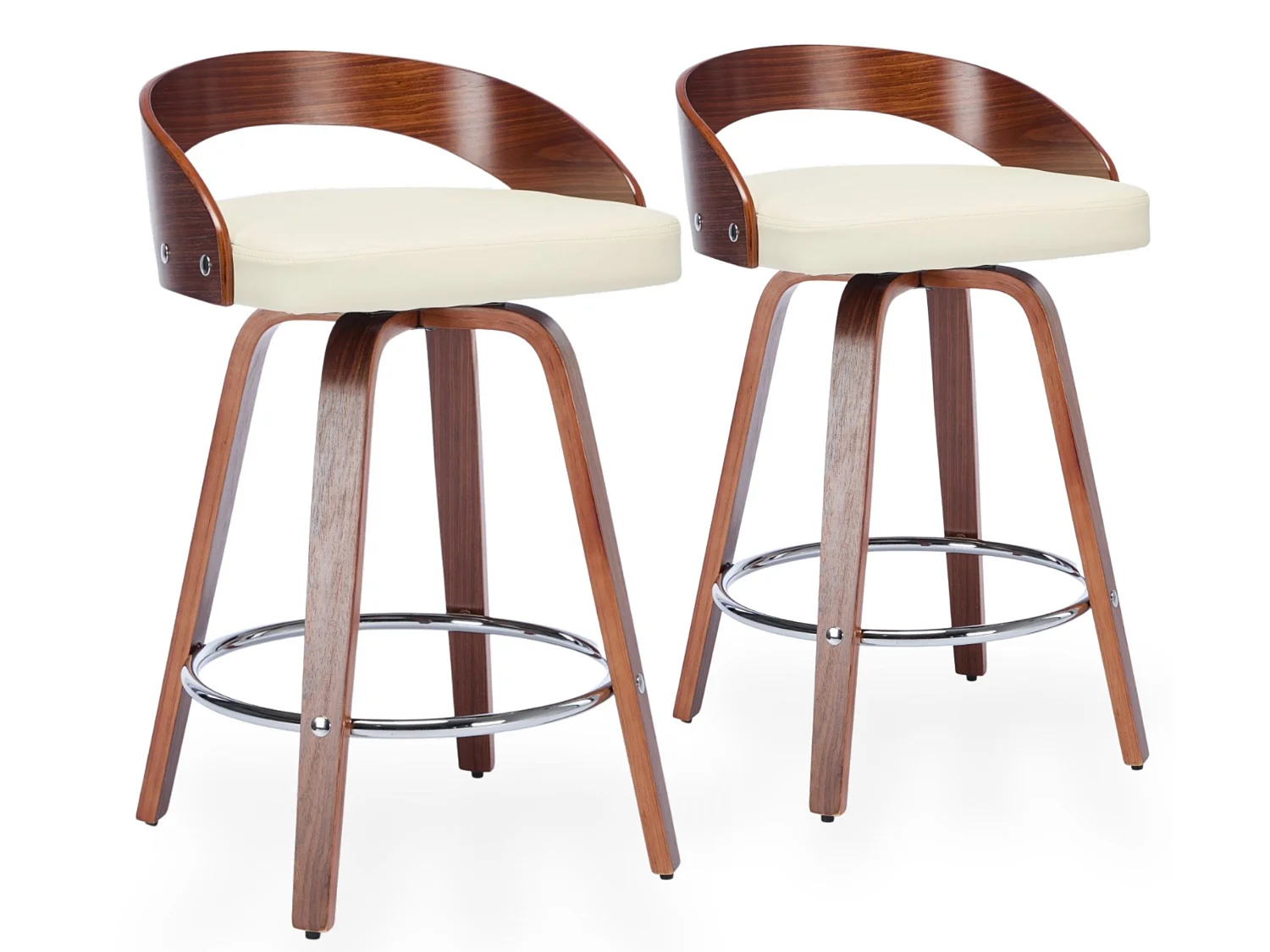 Lot de 2 tabourets de bar pivotants avec assise en similicuir et dossier bas en bois