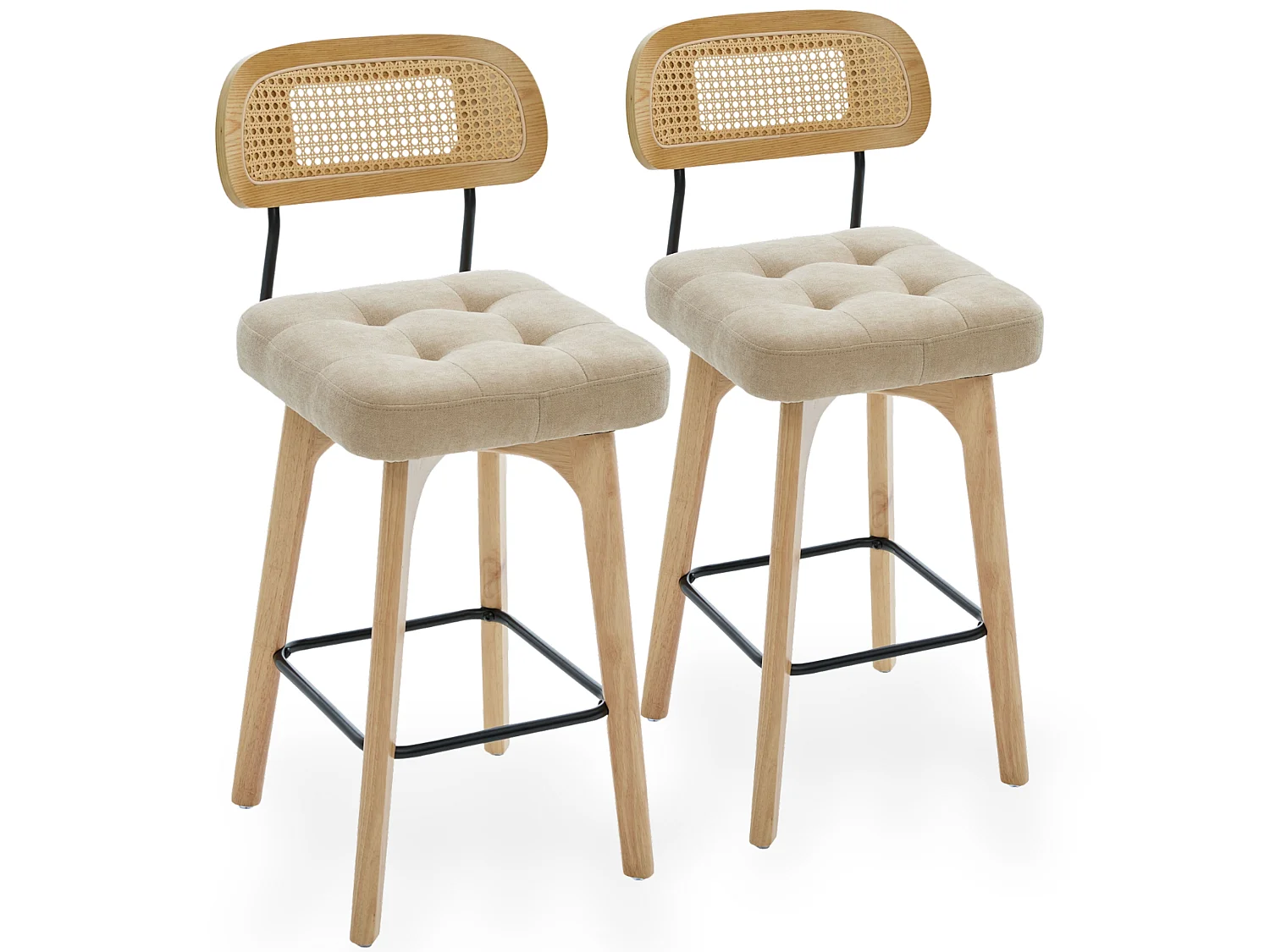 Lot de 2 tabourets de bar pivotants avec dossier cannage assise chenille et pieds bois