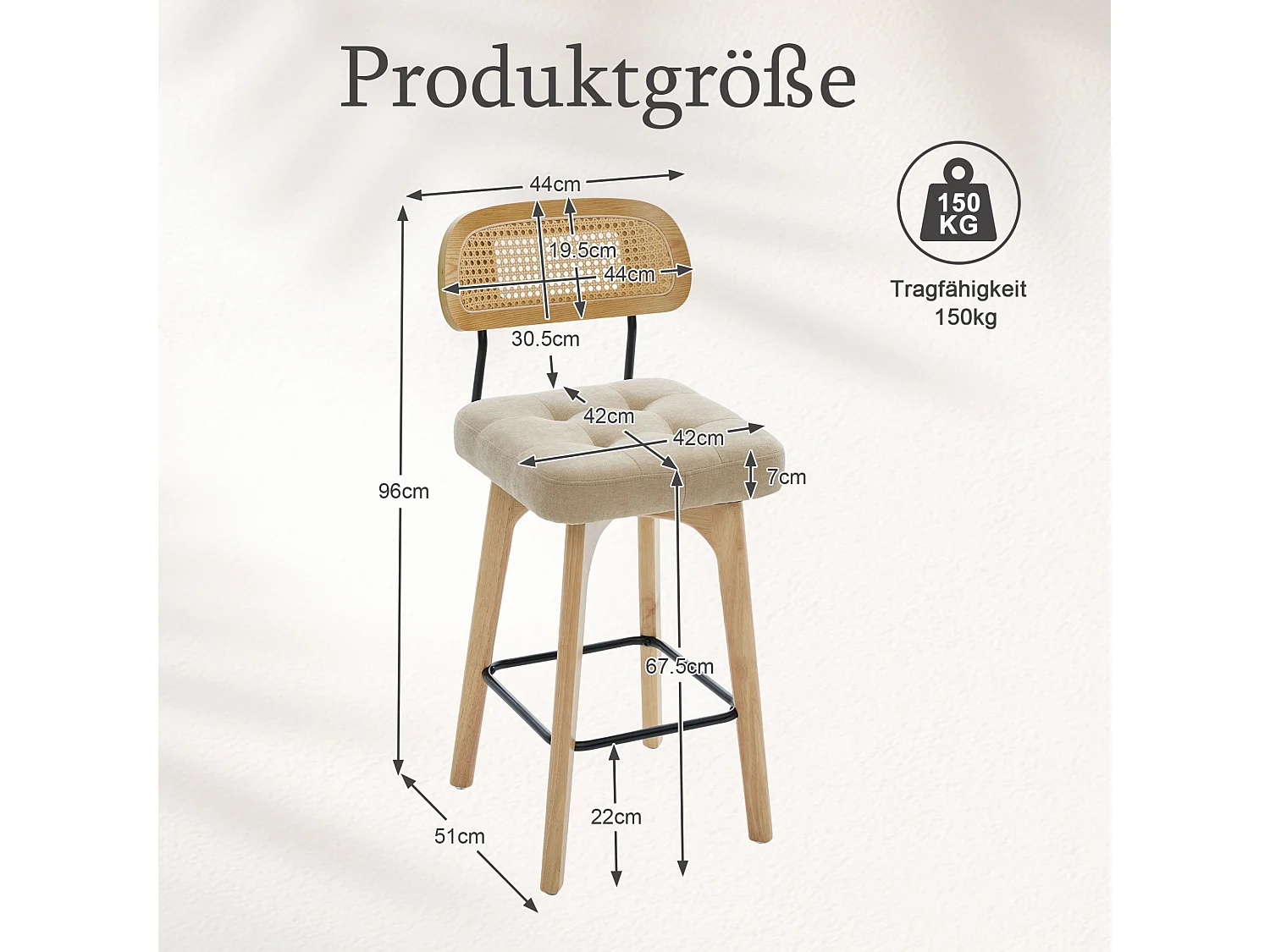 Lot de 2 tabourets de bar pivotants avec dossier cannage assise chenille et pieds bois