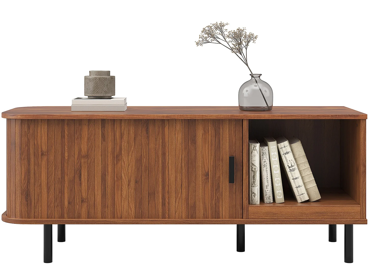 Moderne salontafel met gebogen schuifdeur, geribbeld front, open vak en metalen poten