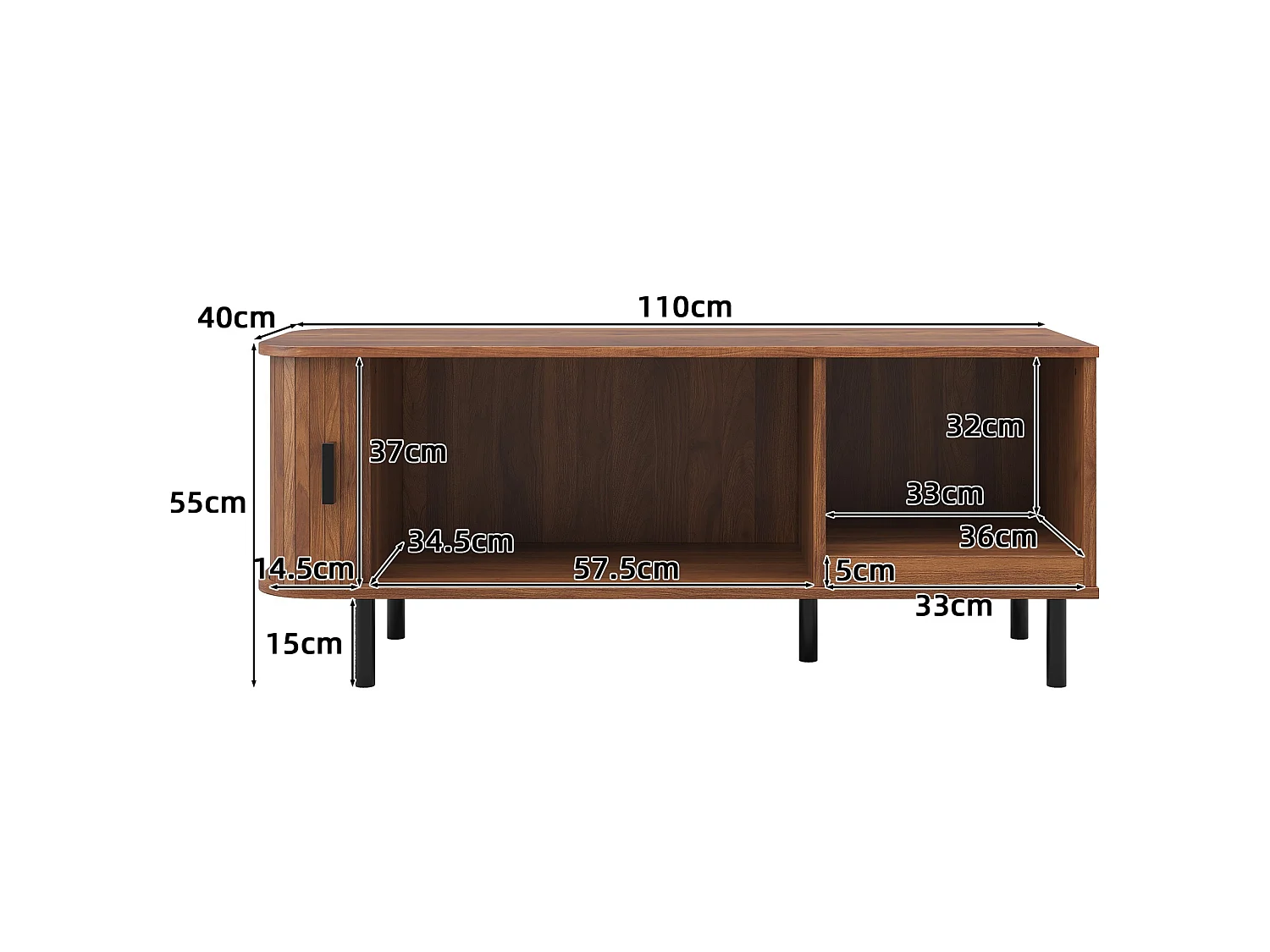 Moderne salontafel met gebogen schuifdeur, geribbeld front, open vak en metalen poten