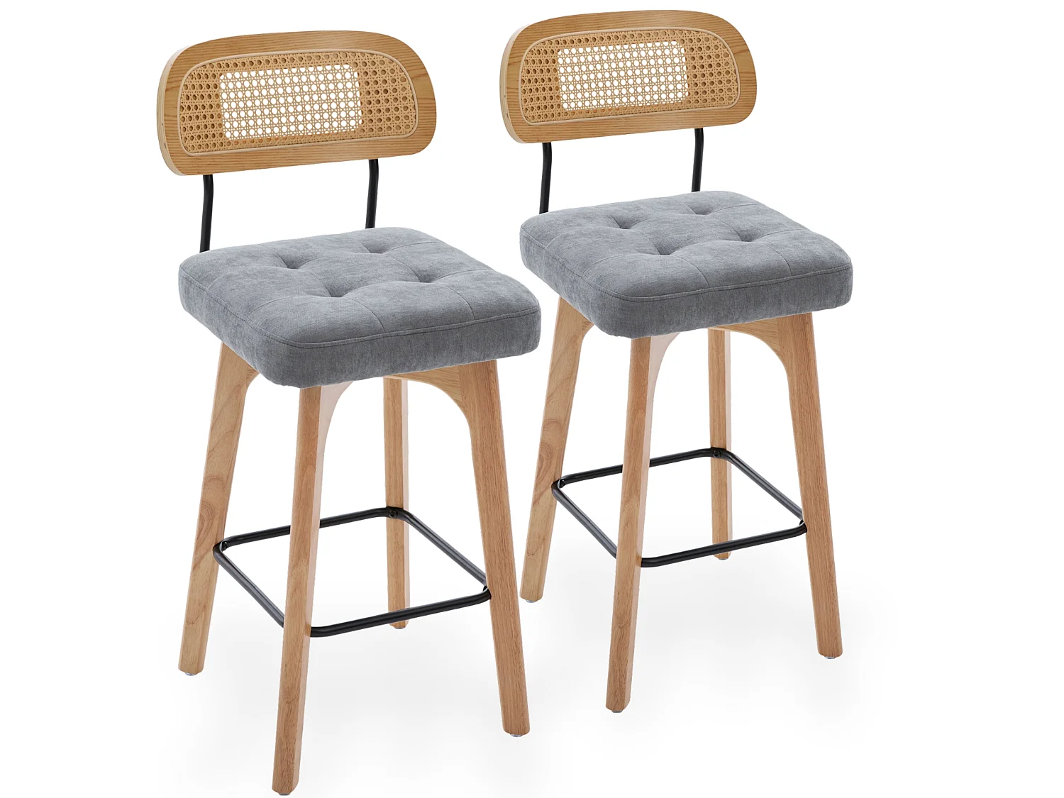 Lot de 2 tabourets de bar pivotants avec dossier cannage assise chenille et pieds bois
