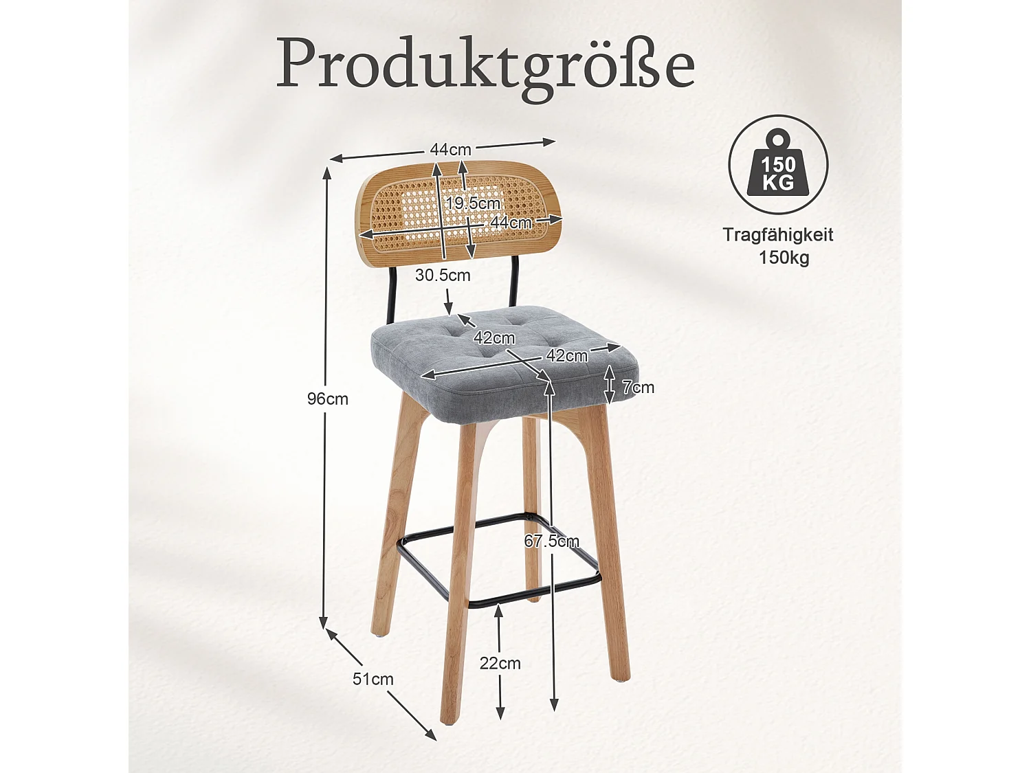 Lot de 2 tabourets de bar pivotants avec dossier cannage assise chenille et pieds bois