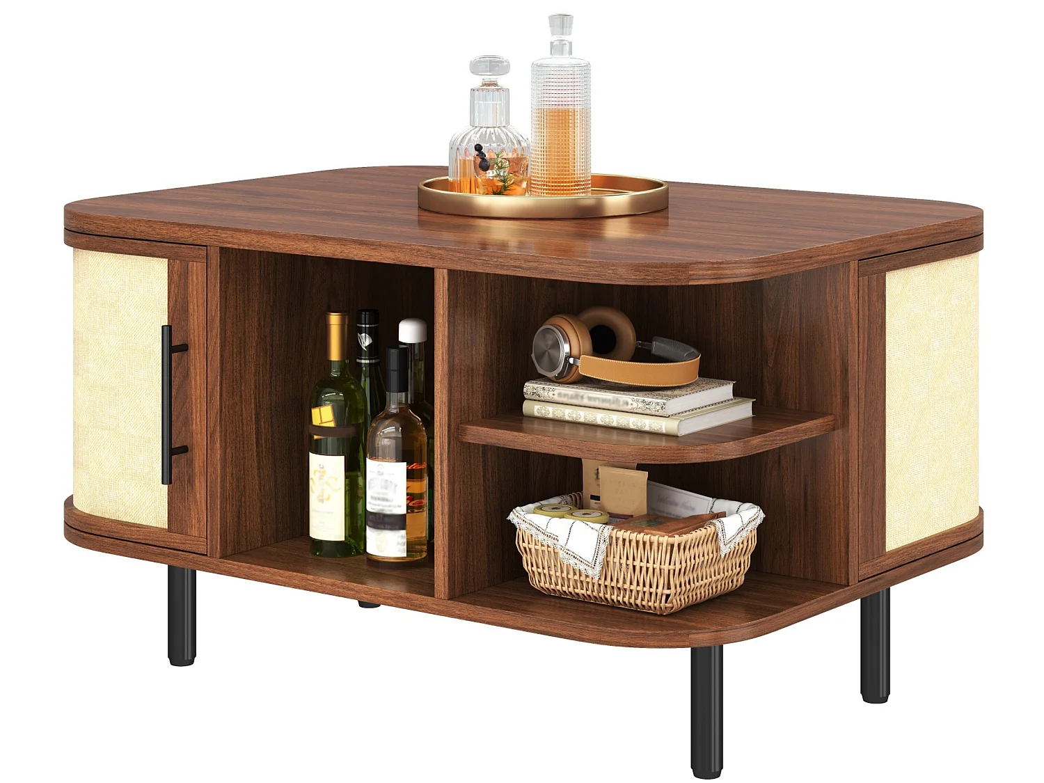 Salontafel met vlechtlook, dubbelzijdige vakken, afgerond blad en metalen poten