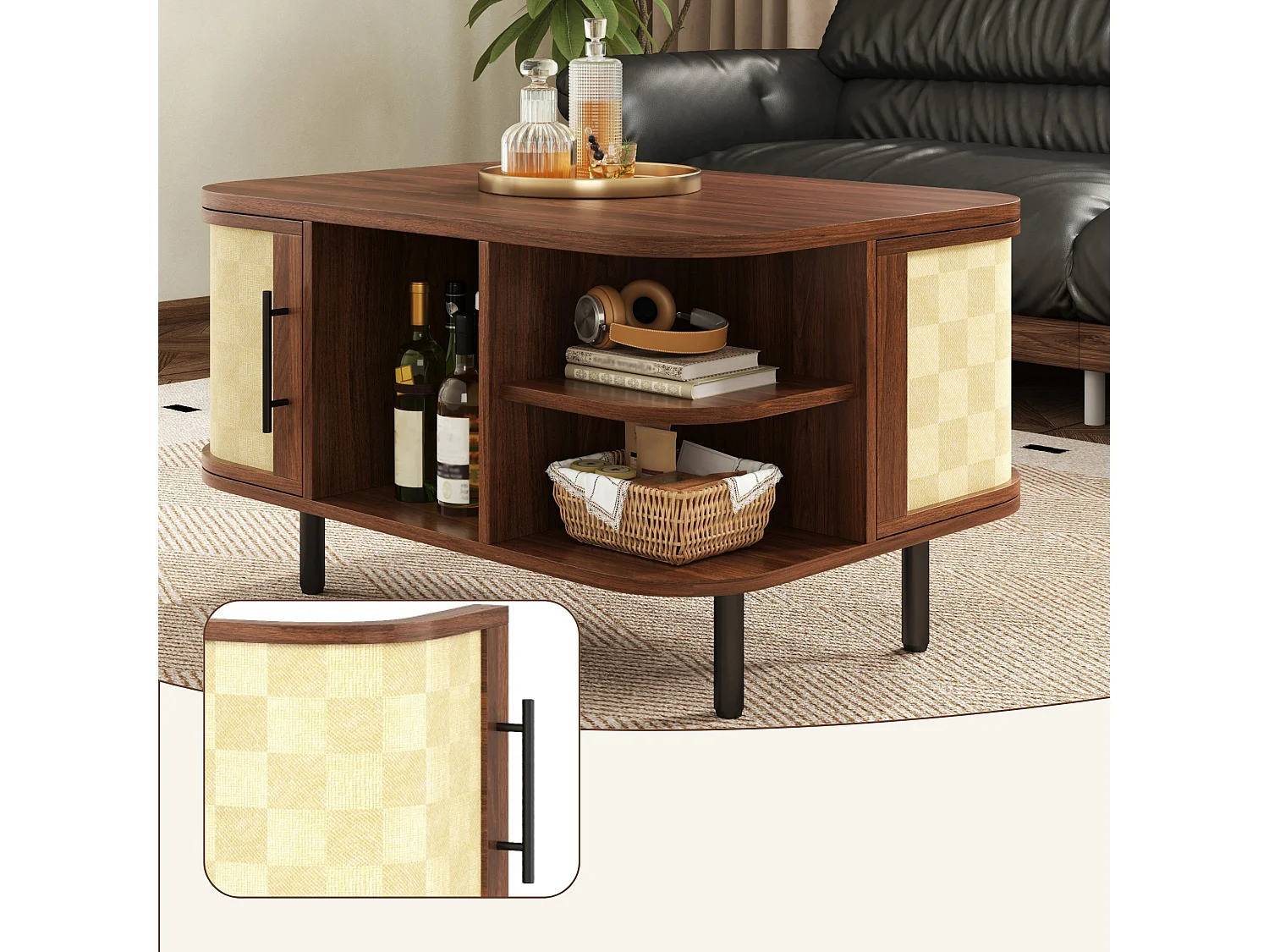 Salontafel met vlechtlook, dubbelzijdige vakken, afgerond blad en metalen poten