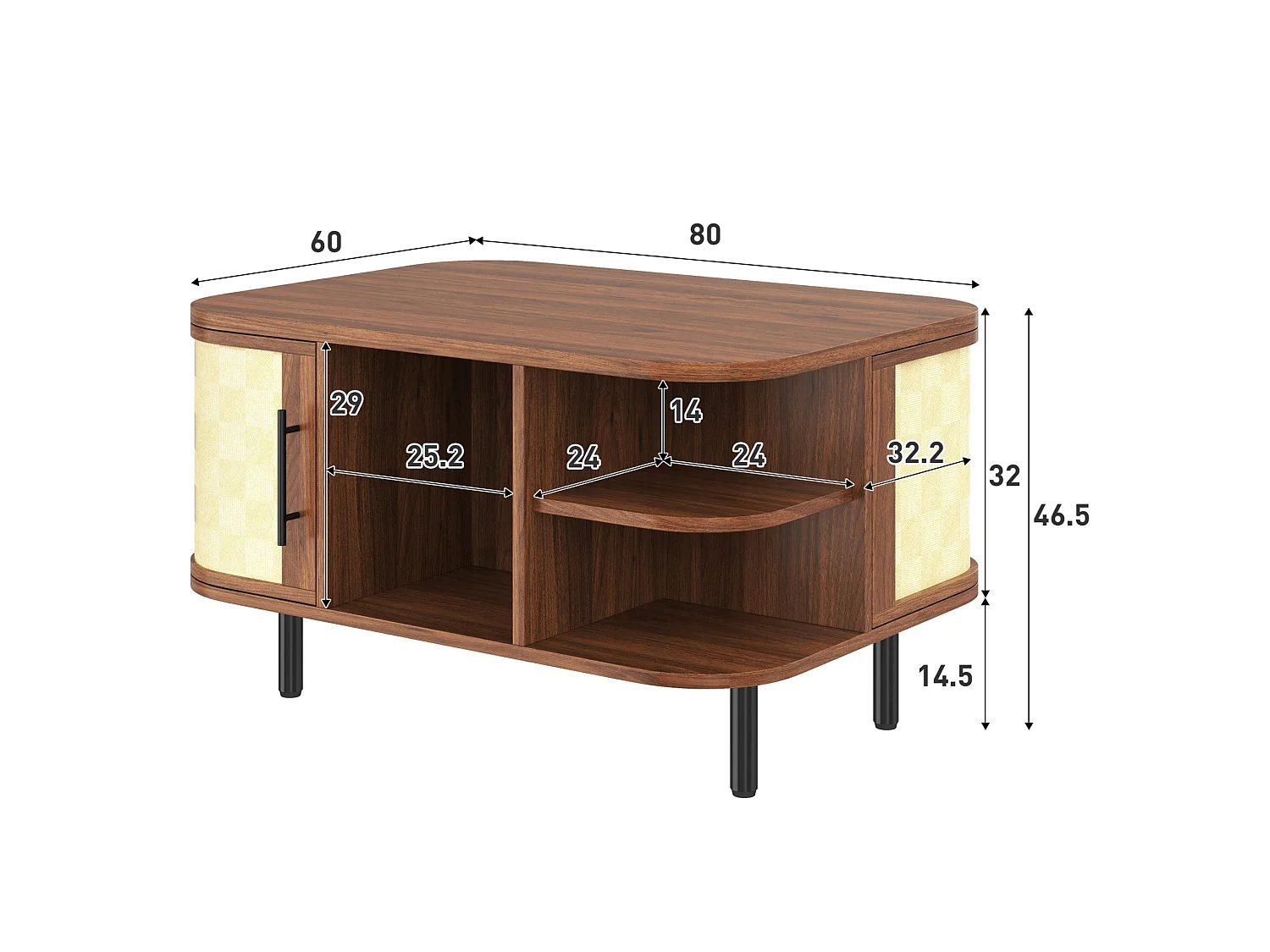 Salontafel met vlechtlook, dubbelzijdige vakken, afgerond blad en metalen poten