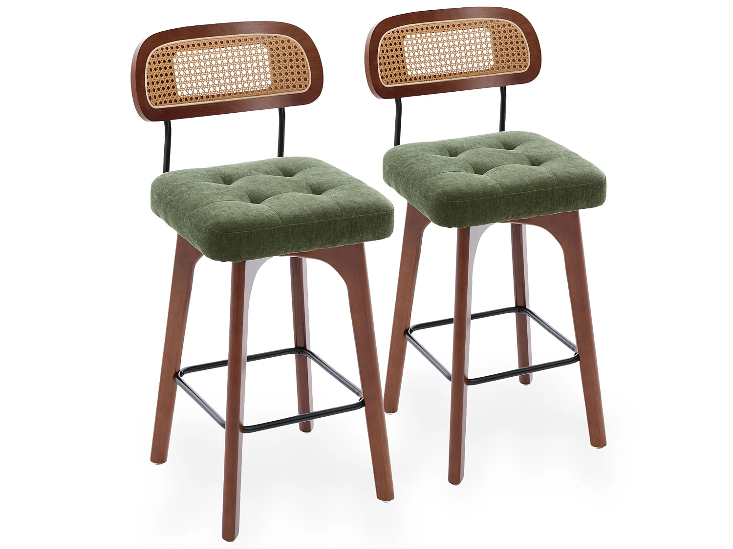 Lot de 2 tabourets de bar pivotants avec dossier cannage assise chenille et pieds bois