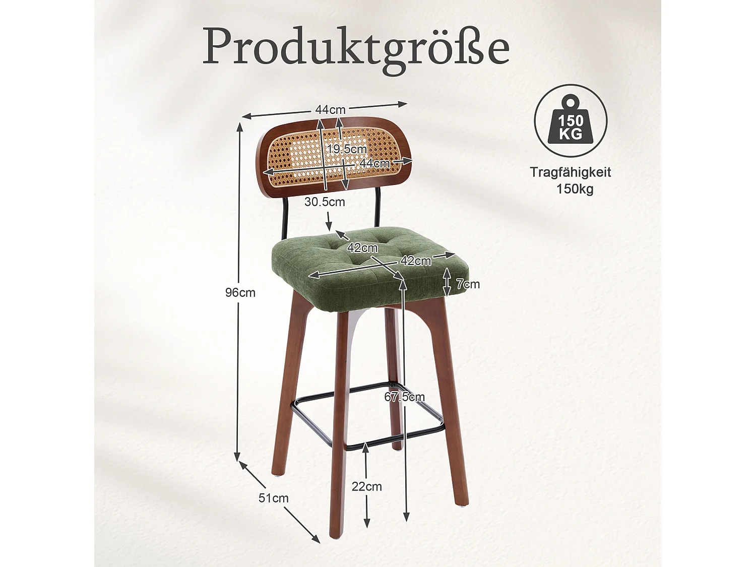 Lot de 2 tabourets de bar pivotants avec dossier cannage assise chenille et pieds bois