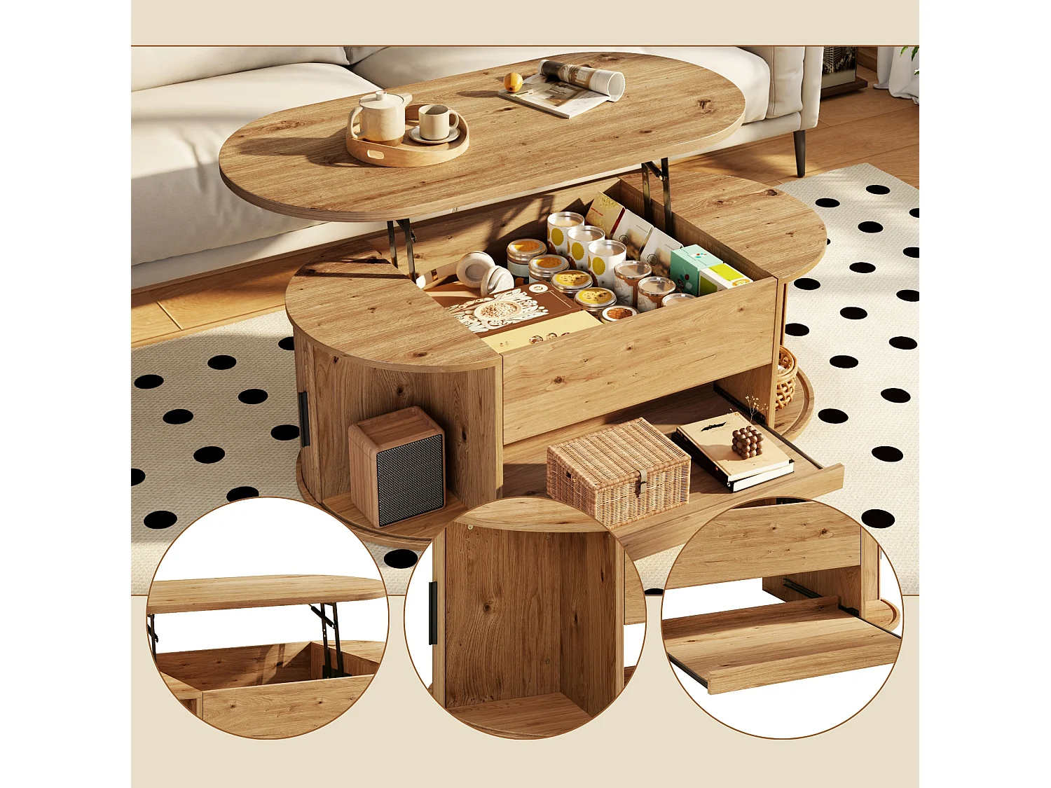 Ovale salontafel met liftblad, opbergruimte, schuifdeuren en uitschuifbaar plateau
