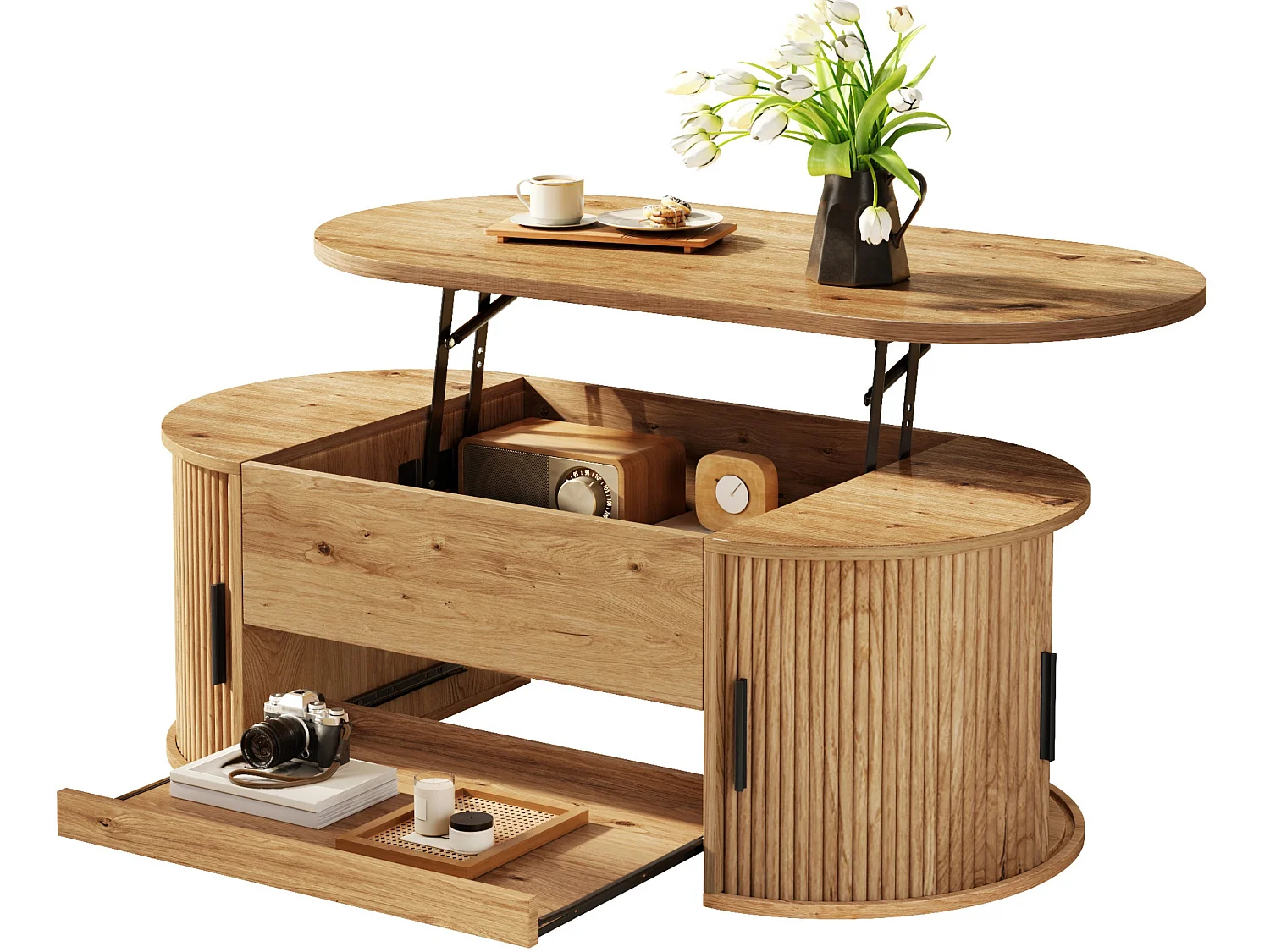 Ovale salontafel met liftblad, opbergruimte, schuifdeuren en uitschuifbaar plateau